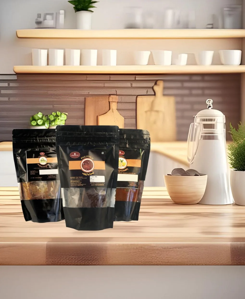 Shreshtam pouches on a kitchen counter